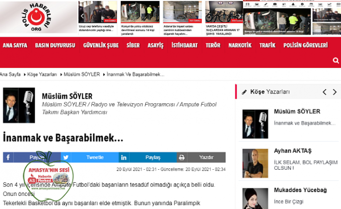 Müslüm Söyler'in Polis Haber Gazetesi'nde Ampute Futbol ile Alakalı Yazısı